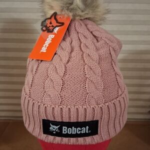 Women's Pink Cable Knit Bobcat Beanie with Pom-Pom Pink OSFM